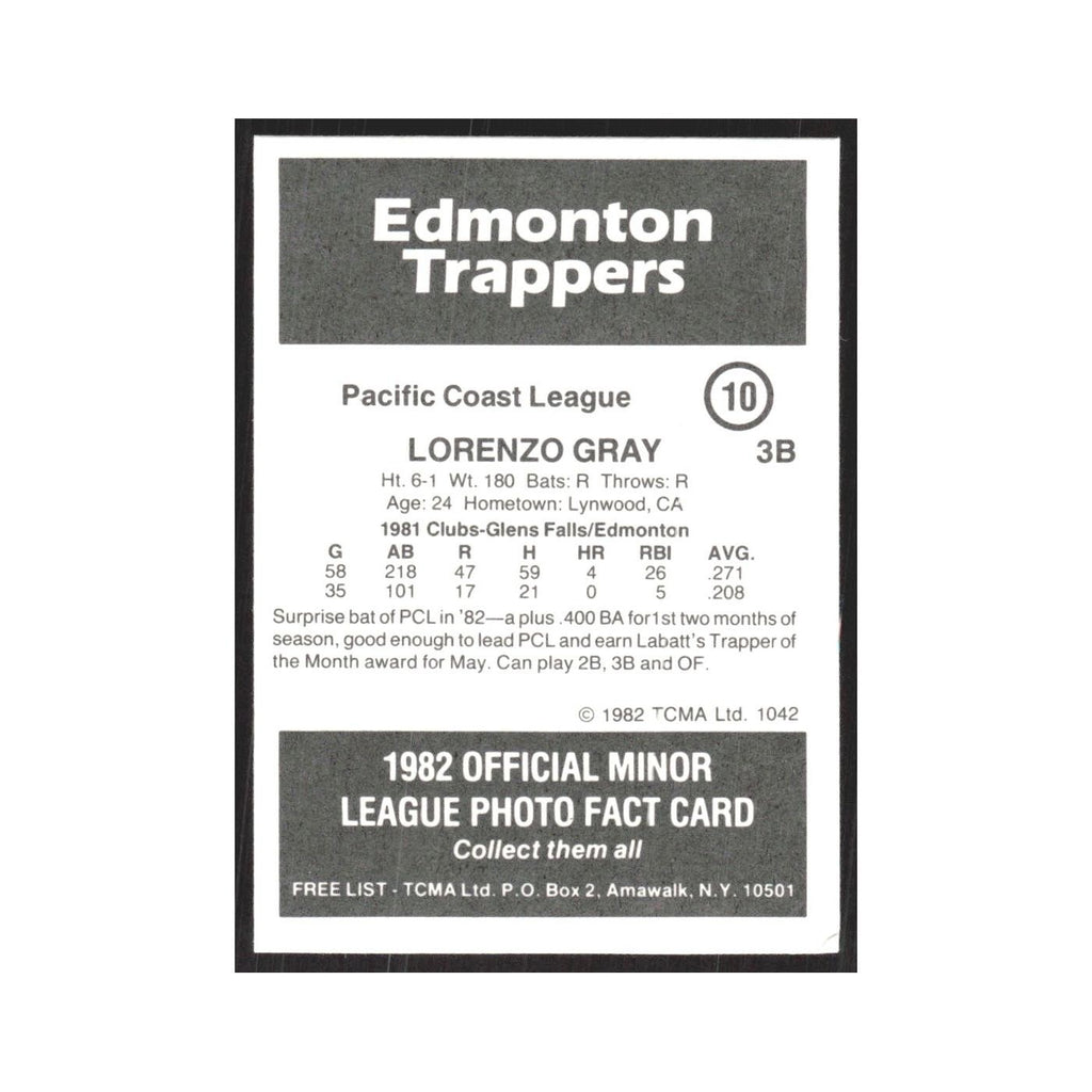 1982 TCMA Minor League Lorenzo Gray Edmonton Trappers #10