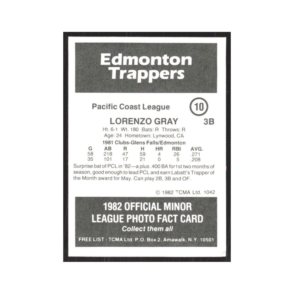 1982 TCMA Minor League Lorenzo Gray Edmonton Trappers #10