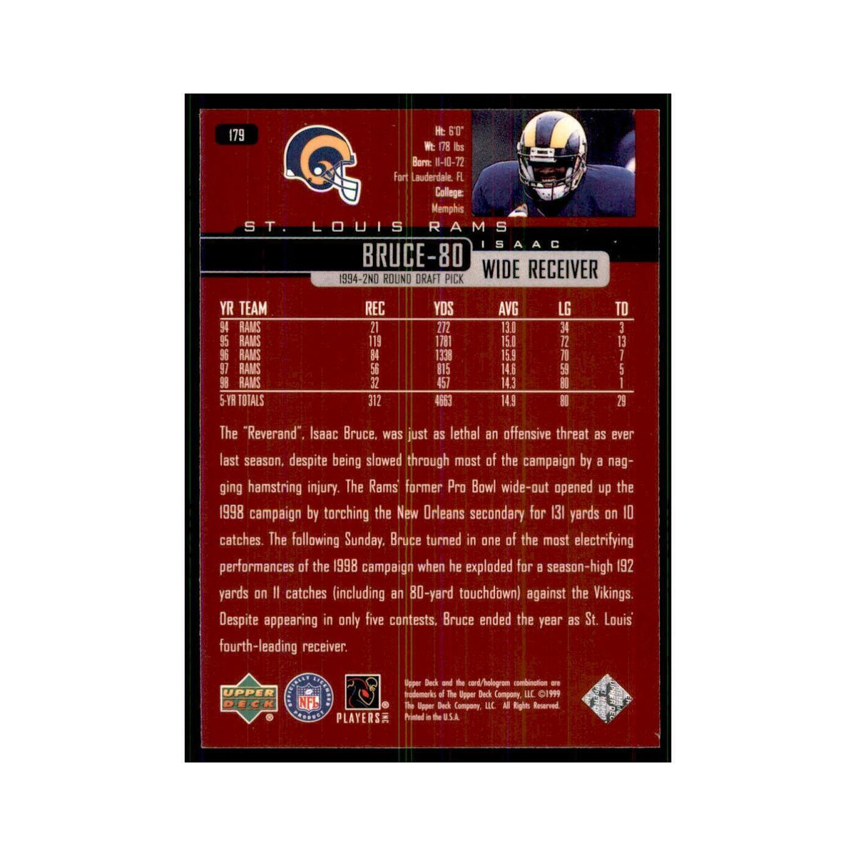 1999 Upper Deck Isaac Bruce St. Louis Rams #179