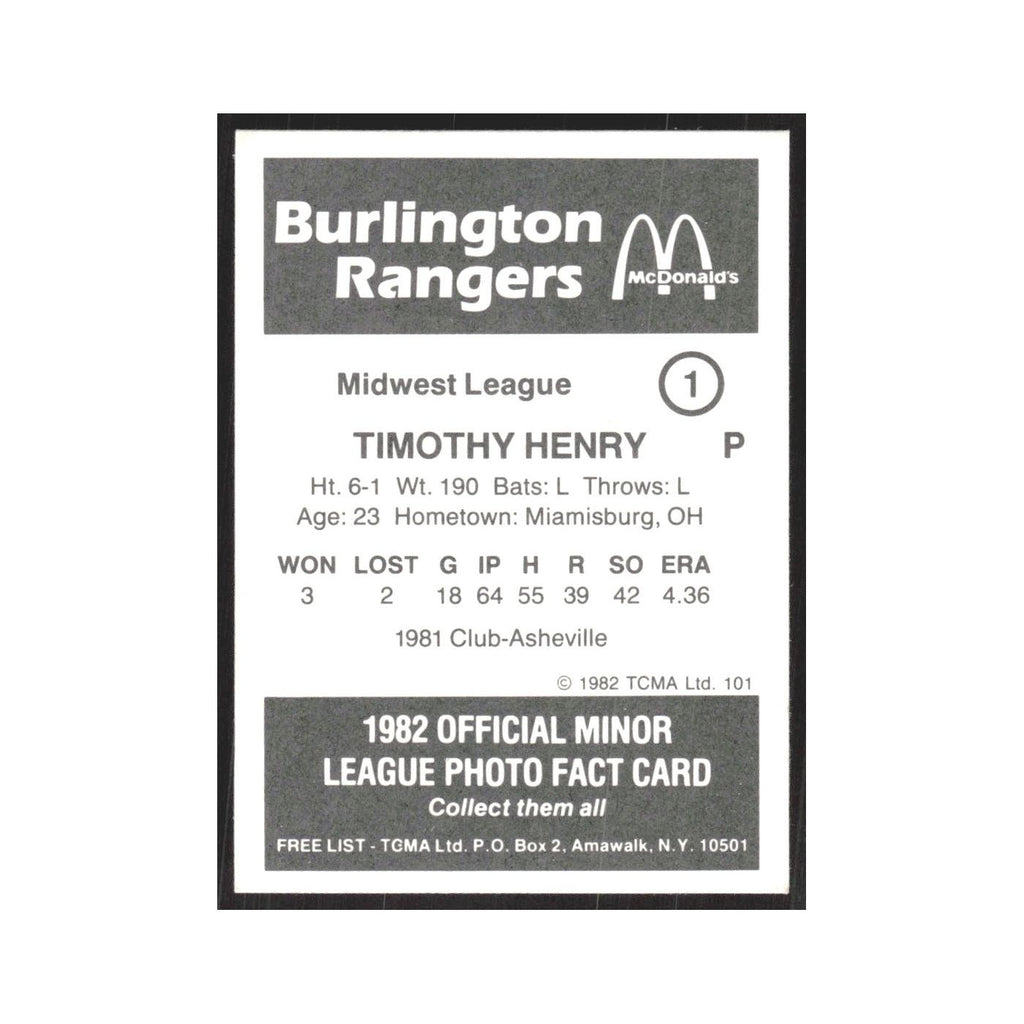 1982 TCMA Minor League Timothy Henry Burlington Rangers #1