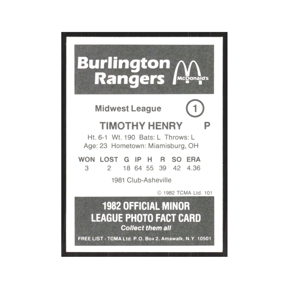 1982 TCMA Minor League Timothy Henry Burlington Rangers #1