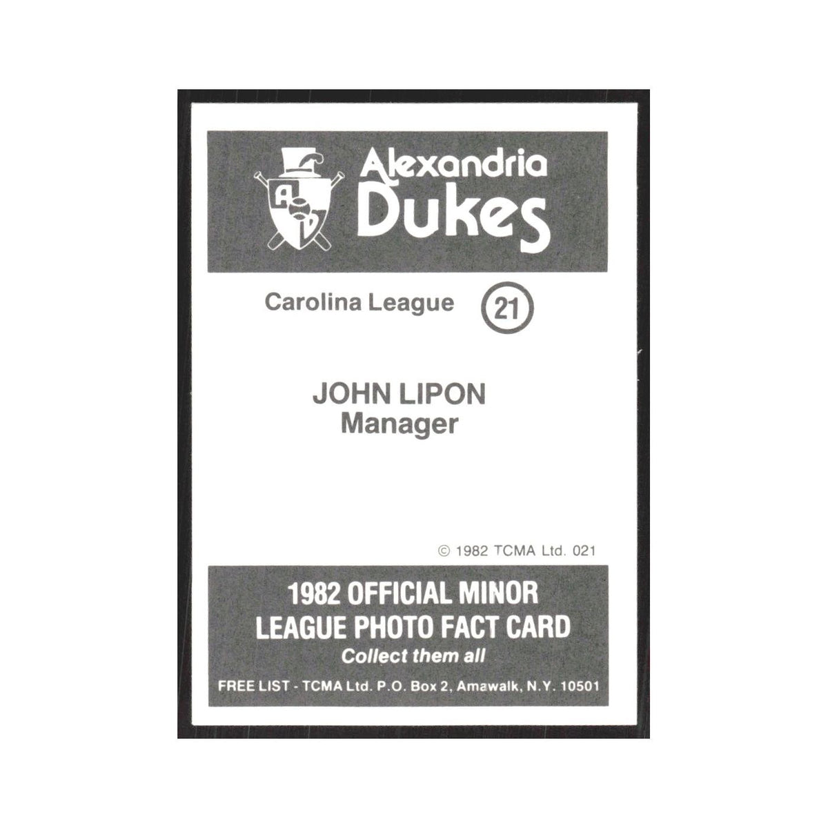 1982 TCMA Minor League John Lipon Alexandria Dukes #21