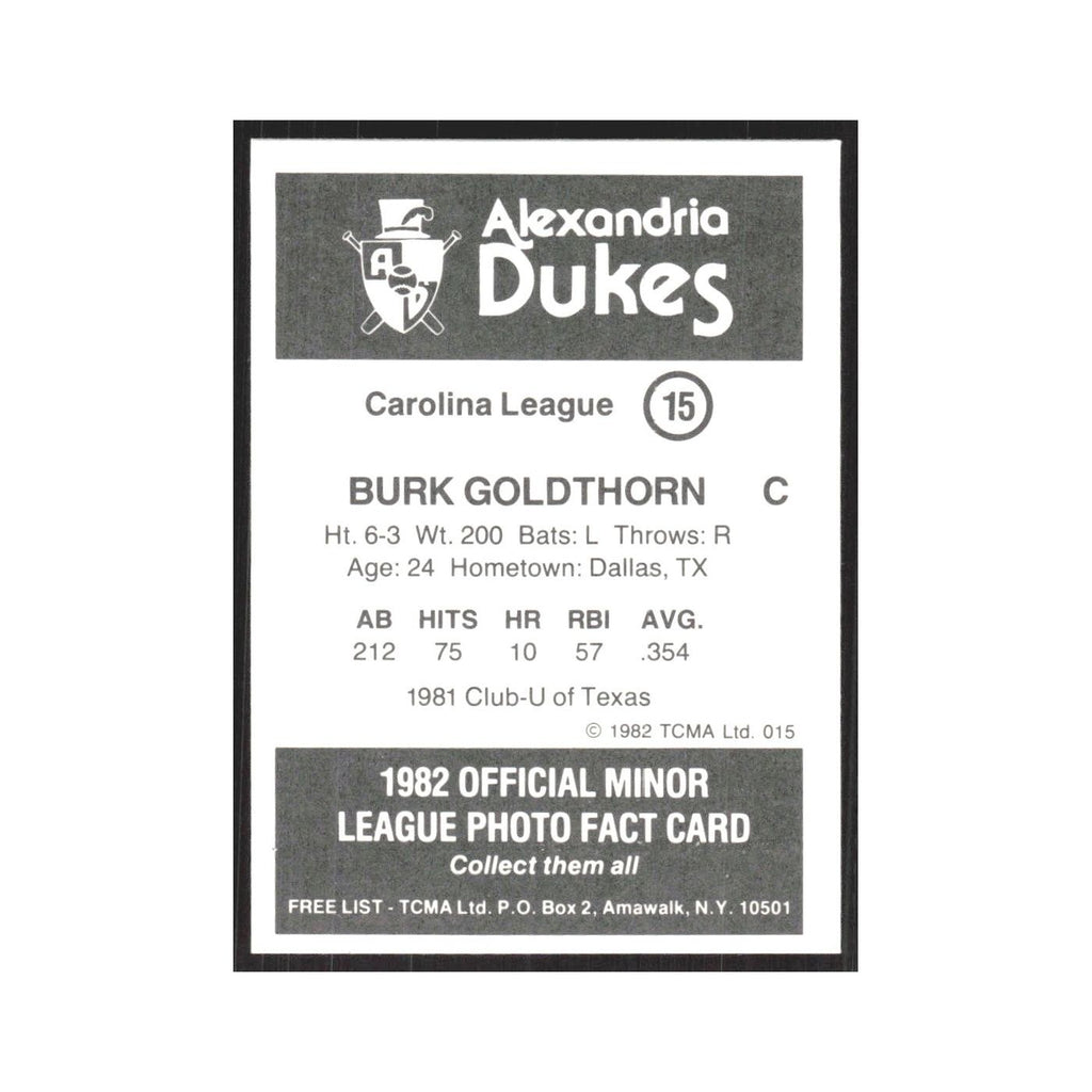 1982 TCMA Minor League Burk Goldthorn Alexandria Dukes #15