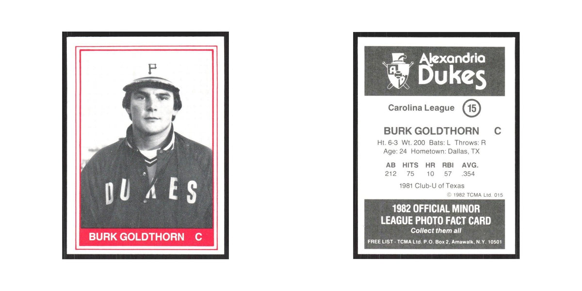 1982 TCMA Minor League Burk Goldthorn Alexandria Dukes #15