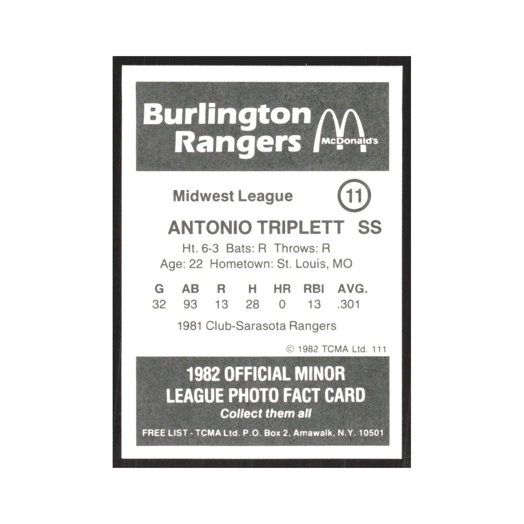 1982 TCMA Minor League Antonio Triplett Burlington Rangers #11