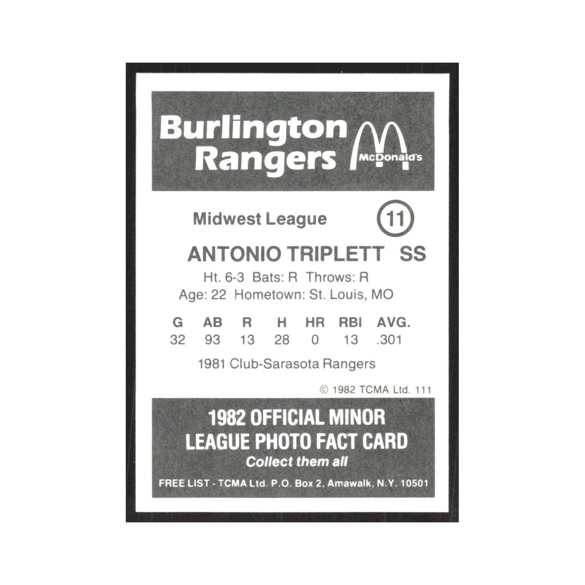 1982 TCMA Minor League Antonio Triplett Burlington Rangers #11