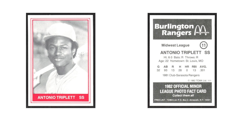 1982 TCMA Minor League Antonio Triplett Burlington Rangers #11