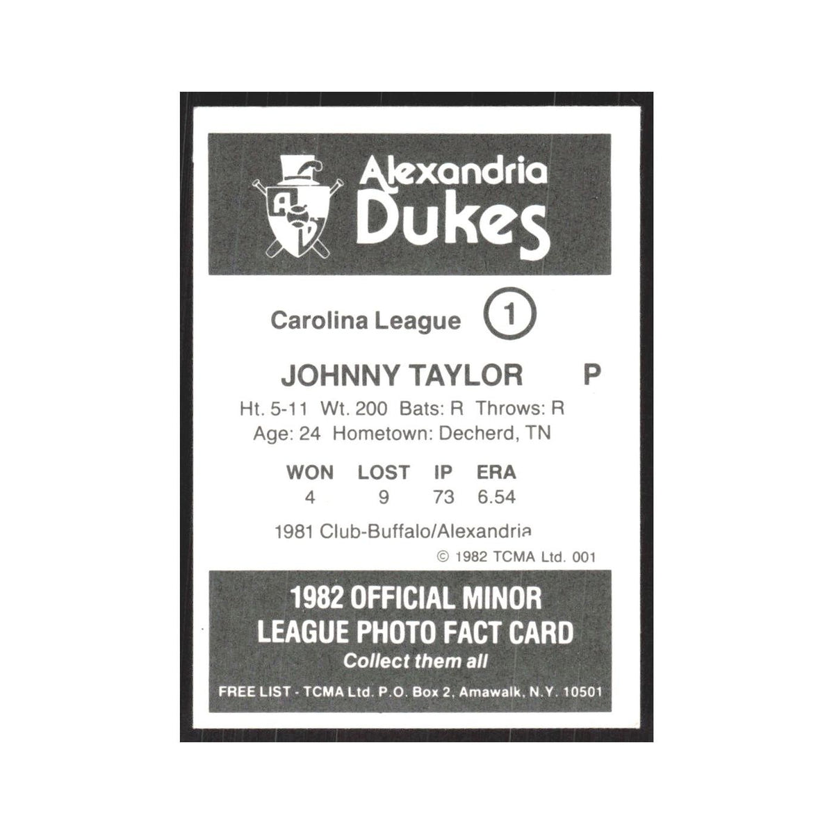 1982 TCMA Minor League Johnny Taylor Alexandria Dukes #1