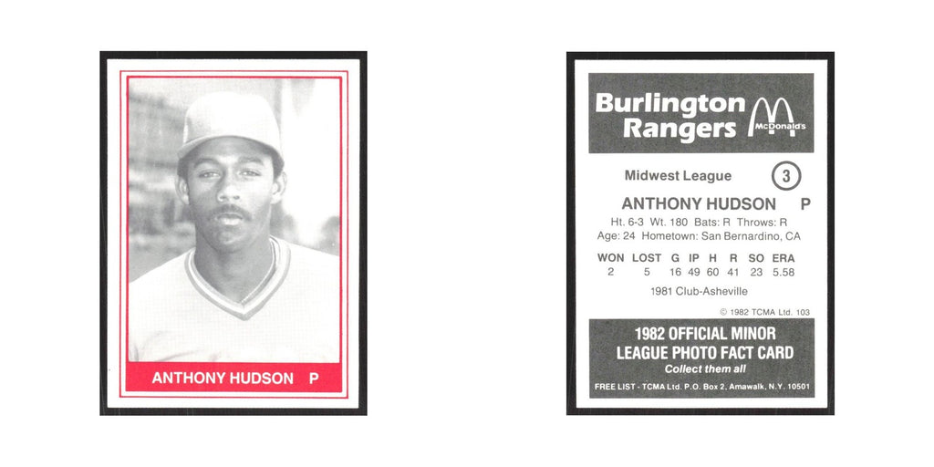1982 TCMA Minor League Anthony Hudson Burlington Rangers #3