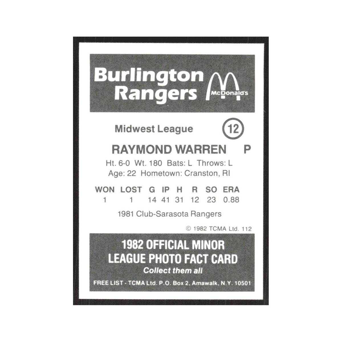 1982 TCMA Minor League Raymond Warren Burlington Rangers #12
