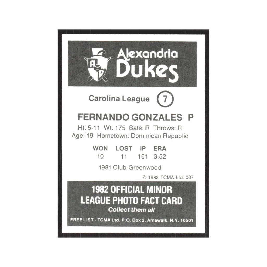 1982 TCMA Minor League Fernando Gonzales Alexandria Dukes #7