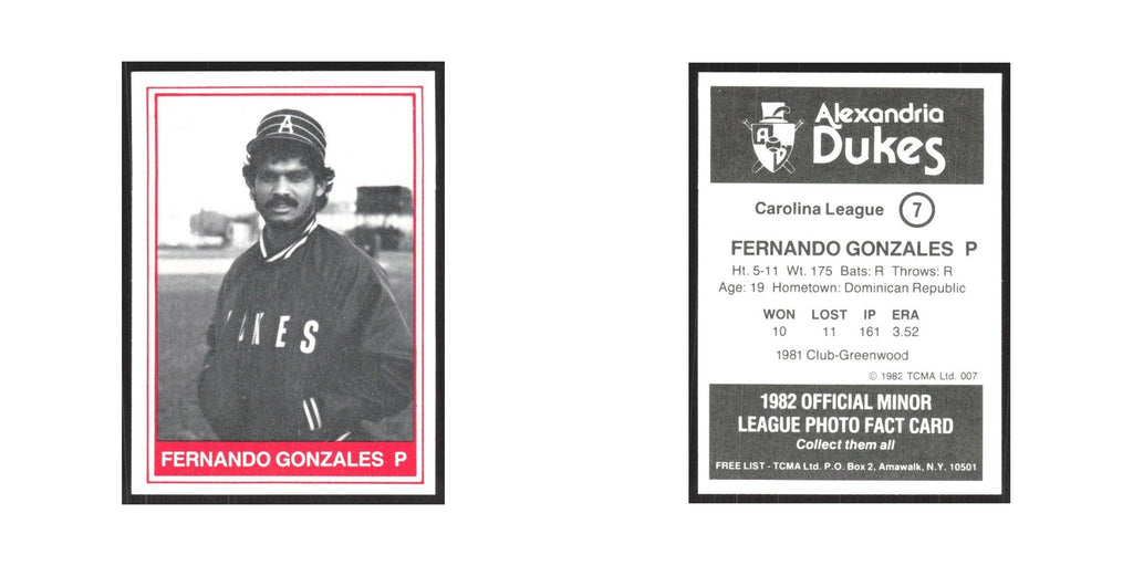 1982 TCMA Minor League Fernando Gonzales Alexandria Dukes #7