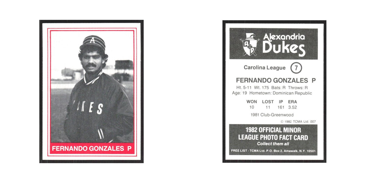1982 TCMA Minor League Fernando Gonzales Alexandria Dukes #7