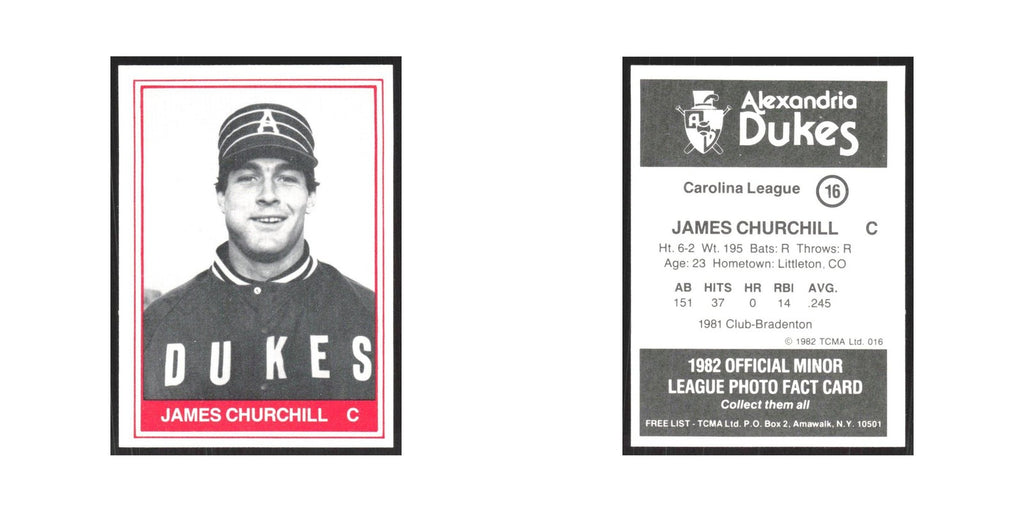 1982 TCMA Minor League James Churchill Alexandria Dukes #16