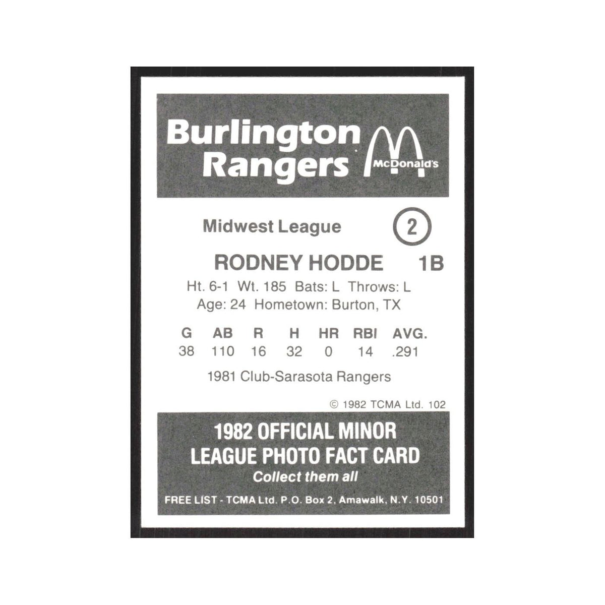 1982 TCMA Minor League Rodney Hodde Burlington Rangers #2