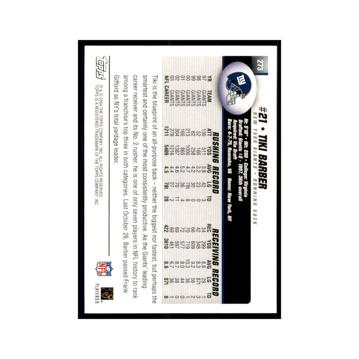 2004 Topps Tiki Barber Giants #273