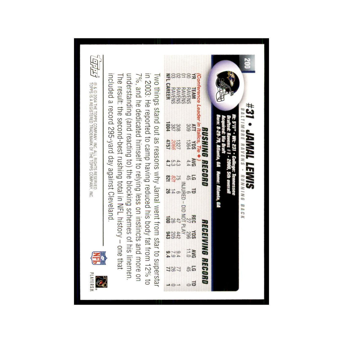 2004 Topps Jamal Lewis Ravens #200