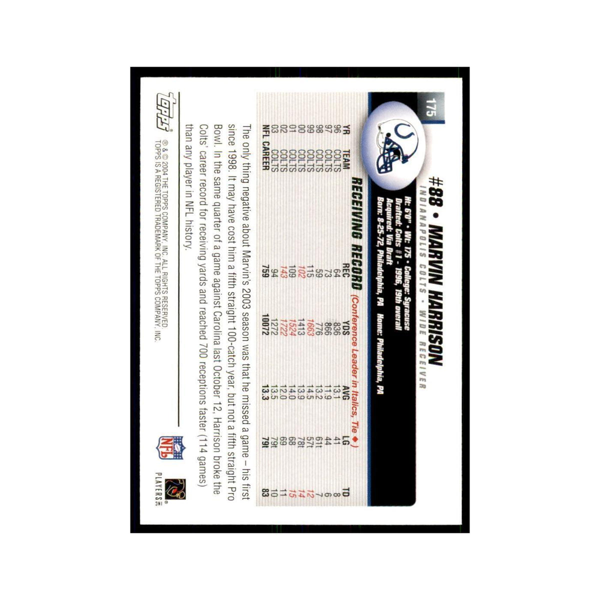 2004 Topps Marvin Harrison Colts #175