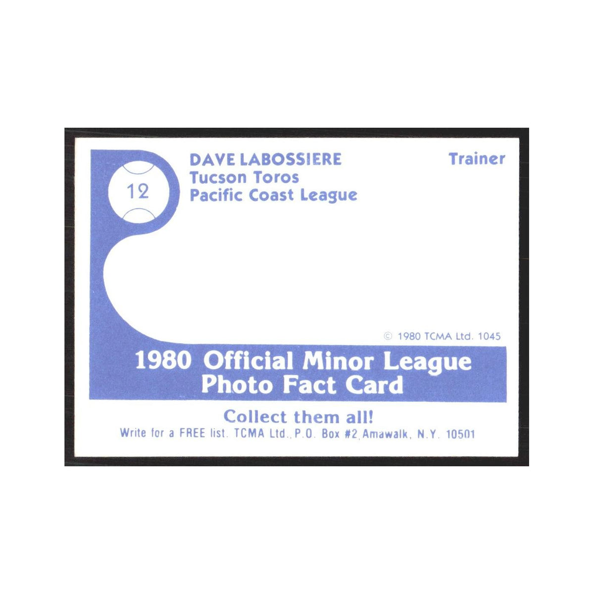 1980 TCMA Minor League Dave LaBossiere Tucson Toros #12