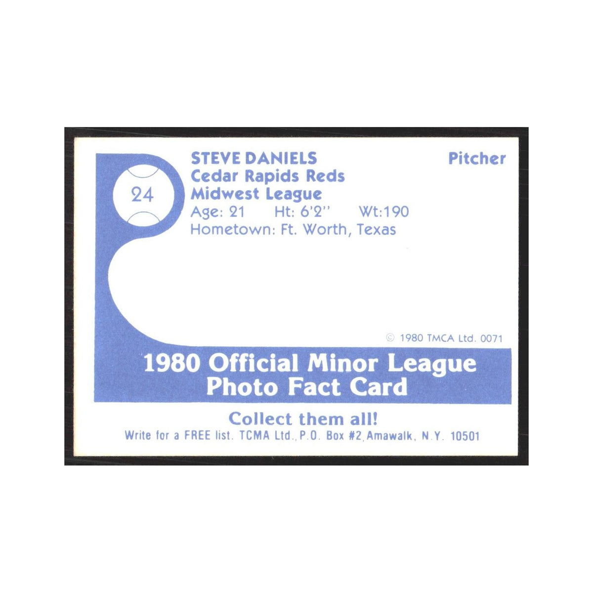 1980 TCMA Minor League Steve Daniels Cedar Rapids Reds #24