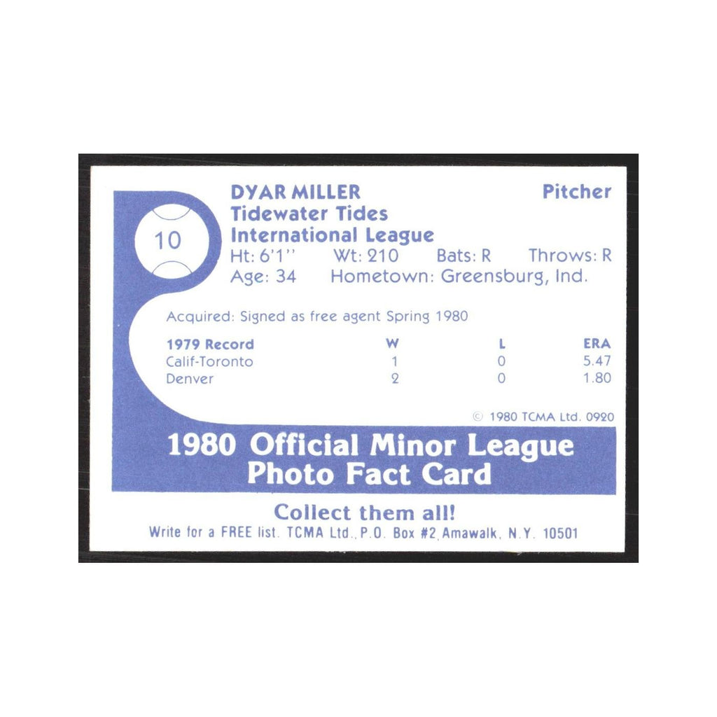 1980 TCMA Minor League Dyar Miller Tidewater Tides #10