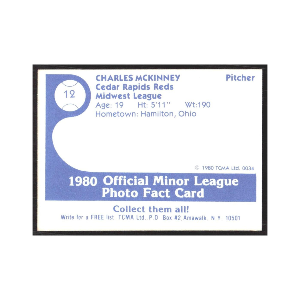 1980 TCMA Minor League Charlie McKinney Cedar Rapids Reds #12