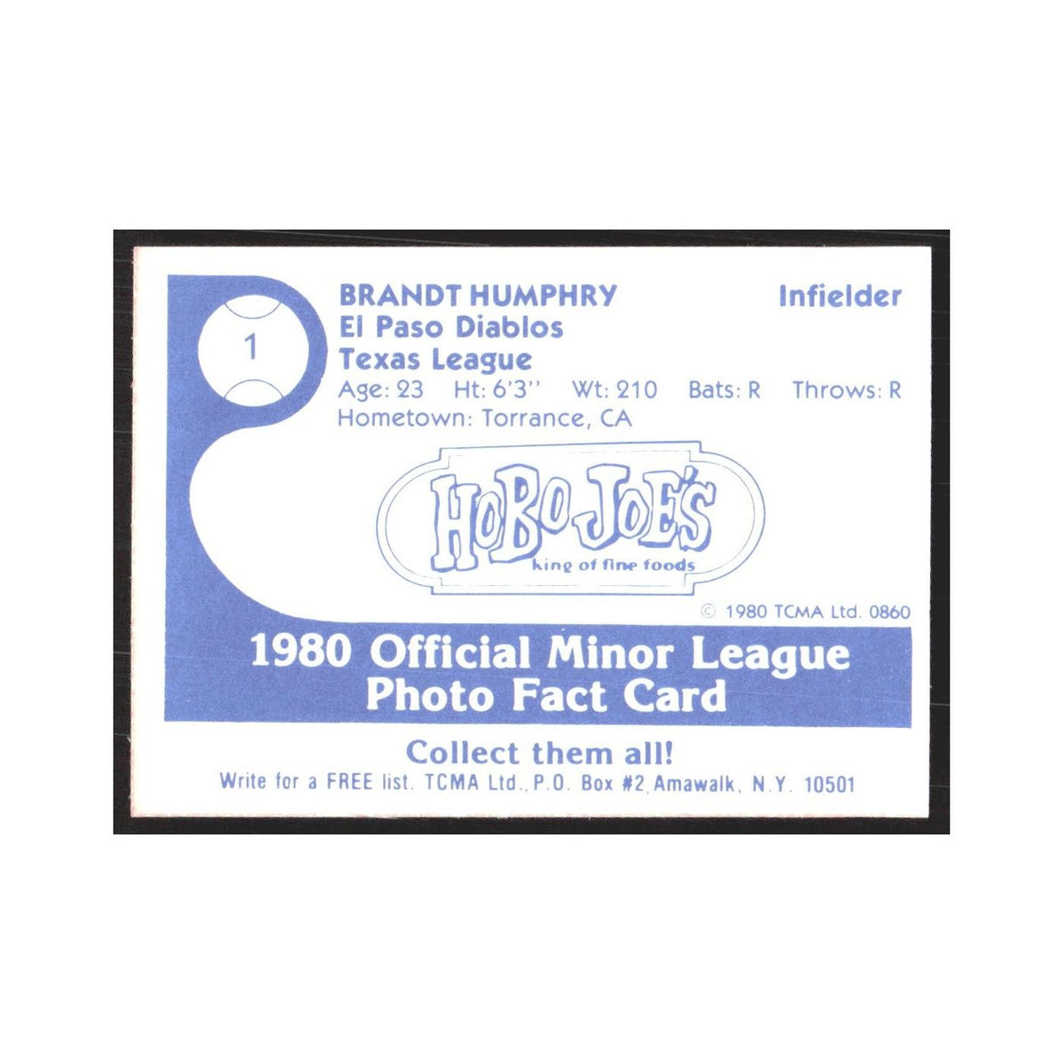1980 TCMA Minor League Brandt Humphry El Paso Diablos #1