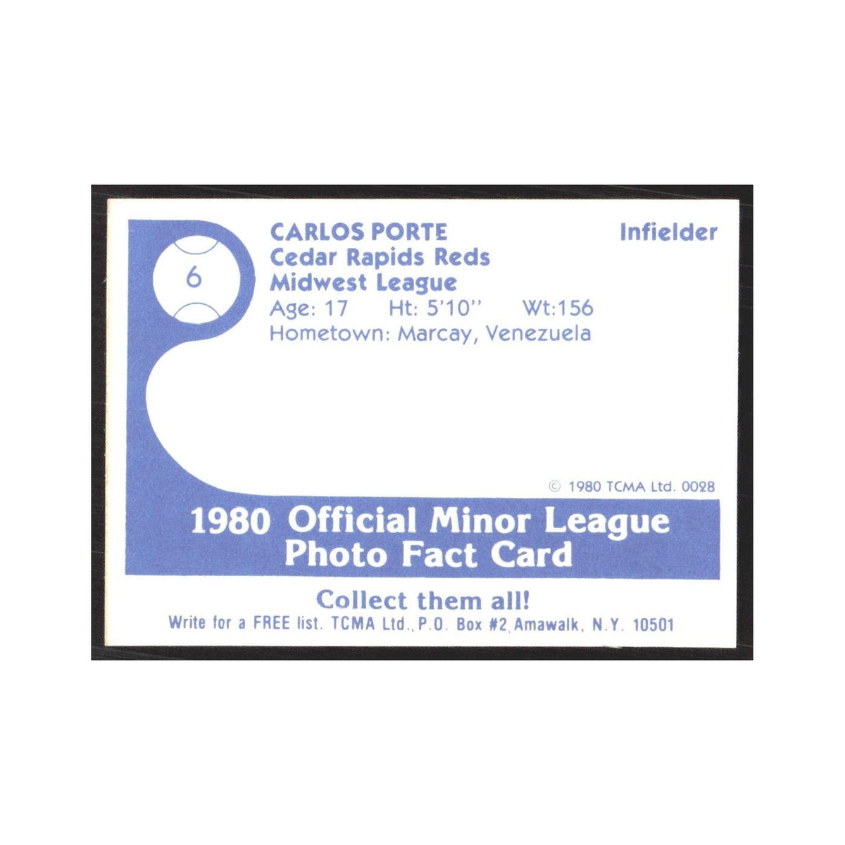 1980 TCMA Minor League Carlos Porte Cedar Rapids Reds #6