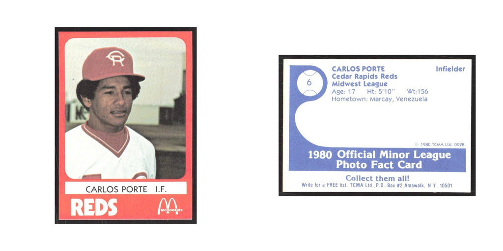 1980 TCMA Minor League Carlos Porte Cedar Rapids Reds #6