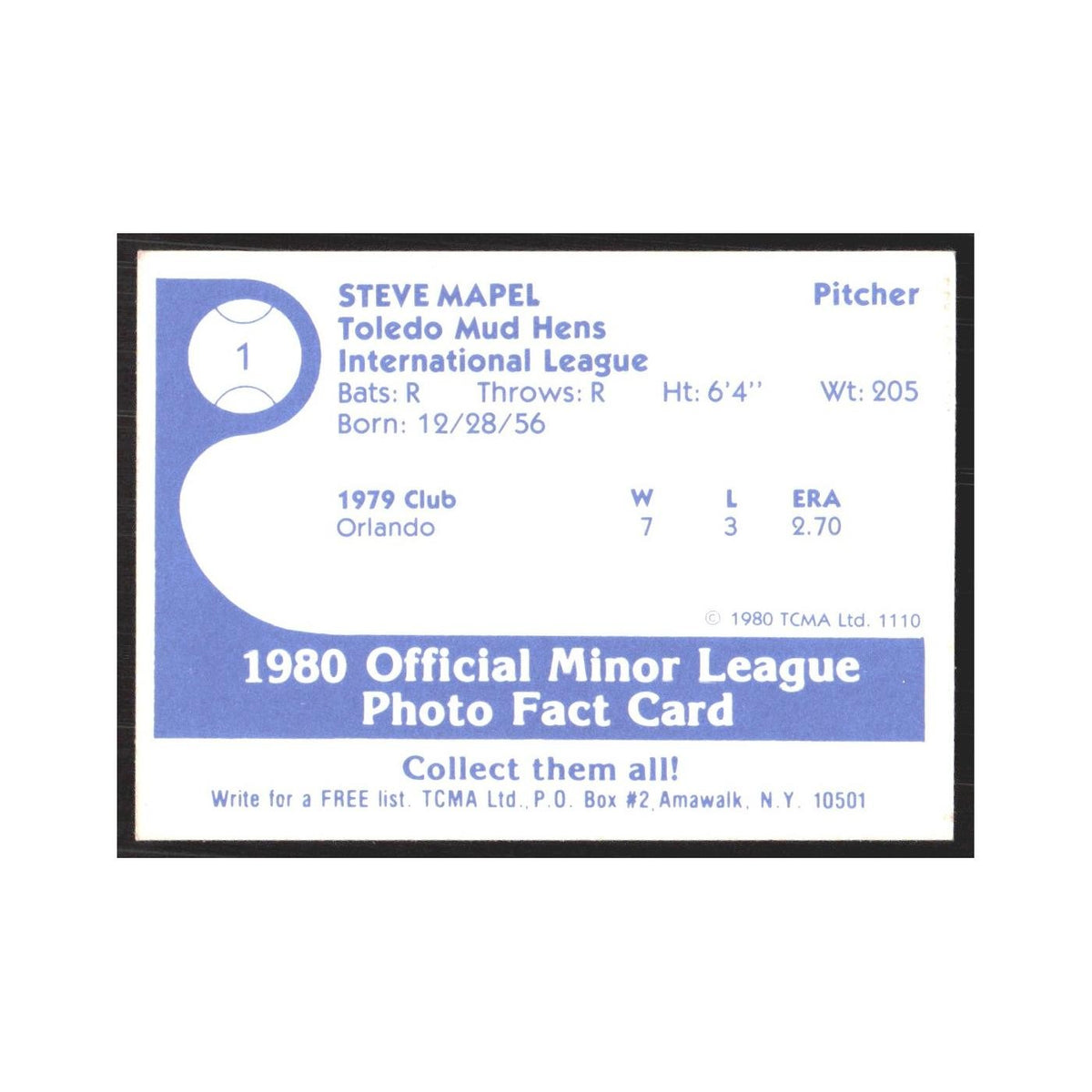 1980 TCMA Minor League Steve Mapel Toledo Mud Hens #1