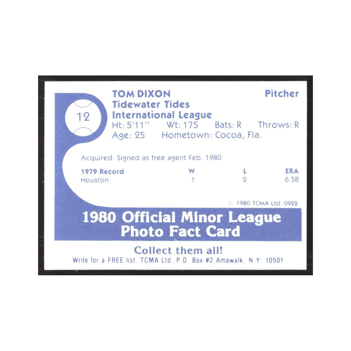 1980 TCMA Minor League Tom Dixon Tidewater Tides #12