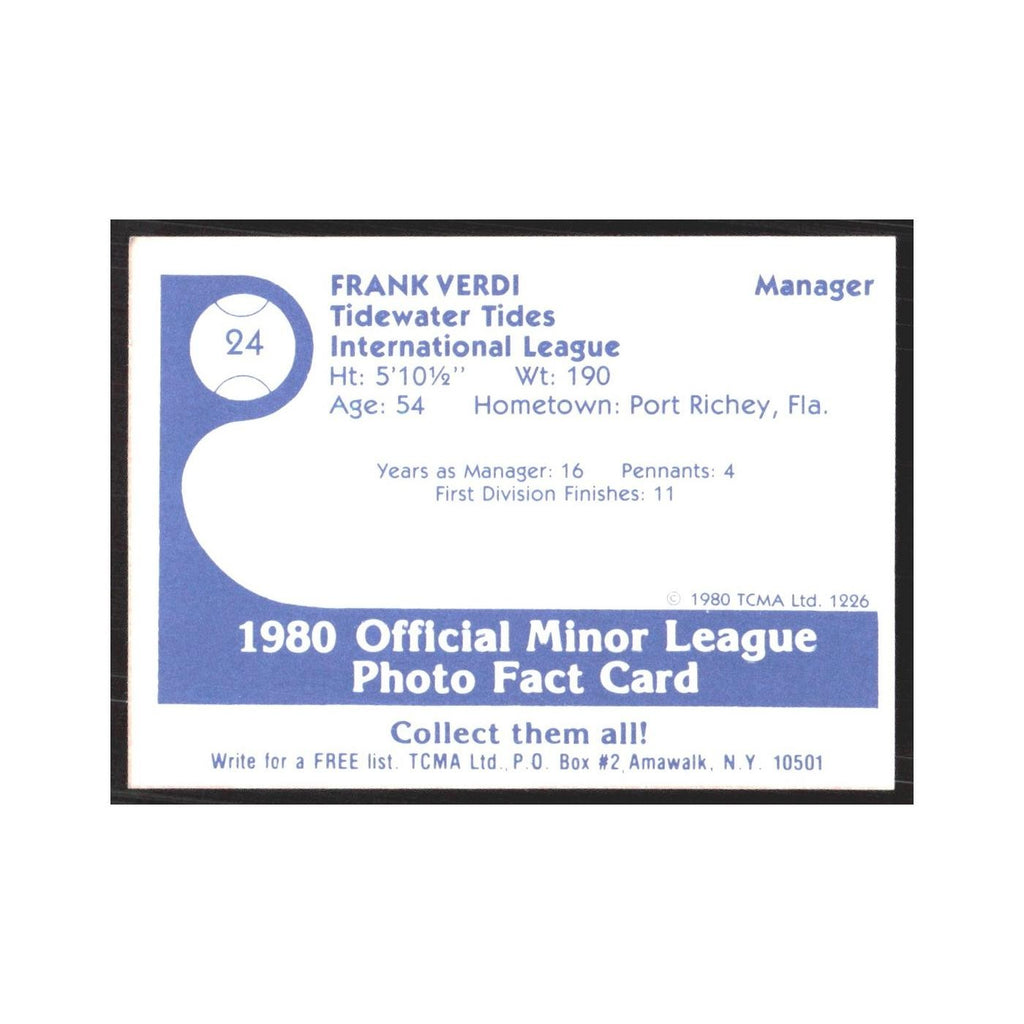 1980 TCMA Minor League Frank Verdi Tidewater Tides #24