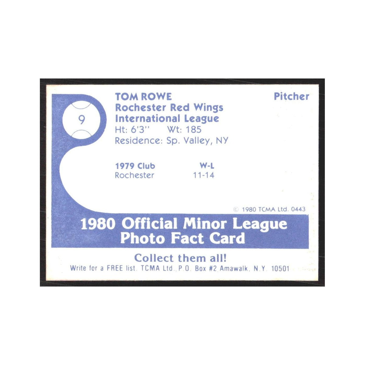 1980 TCMA Minor League Tom Rowe Rochester Red Wings #9