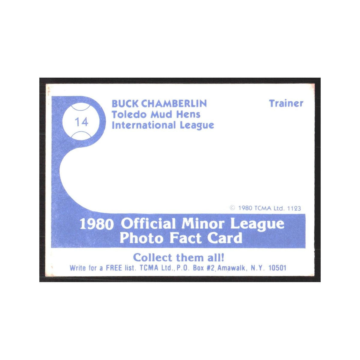 1980 TCMA Minor League Buck Chamberlin Toledo Mud Hens #14