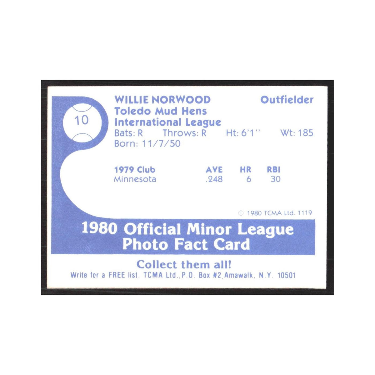 1980 TCMA Minor League Willie Norwood Toledo Mud Hens #10