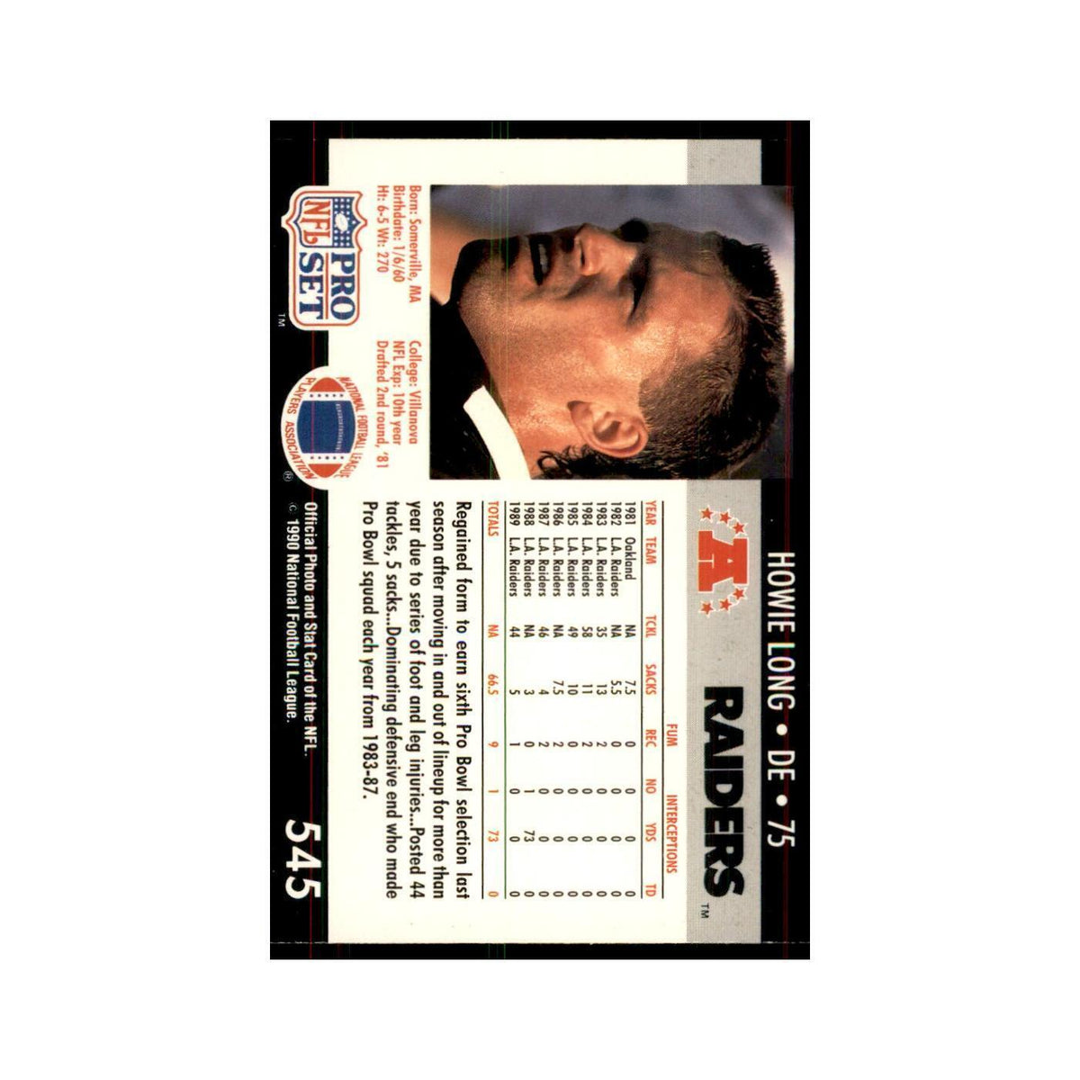 1990 Pro Set Howie Long Los Angeles Raiders #545