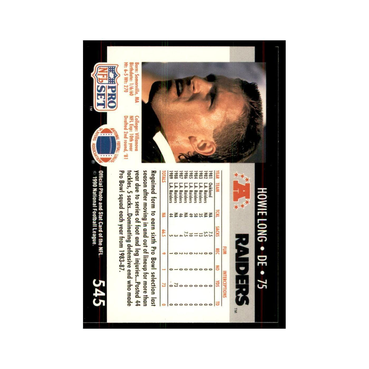 1990 Pro Set Howie Long Los Angeles Raiders #545