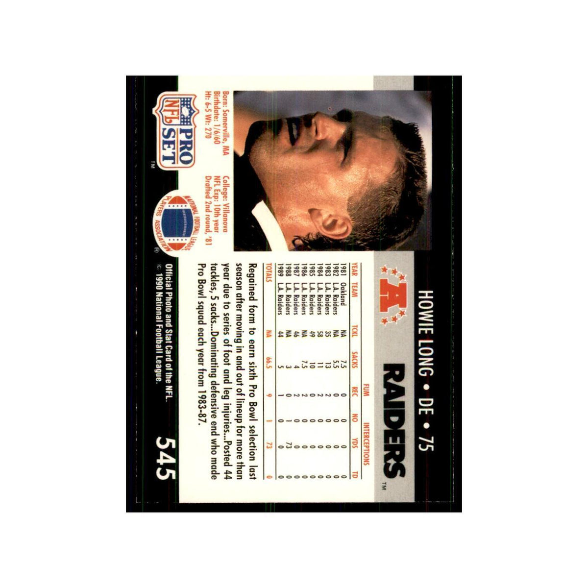 1990 Pro Set Howie Long Los Angeles Raiders #545