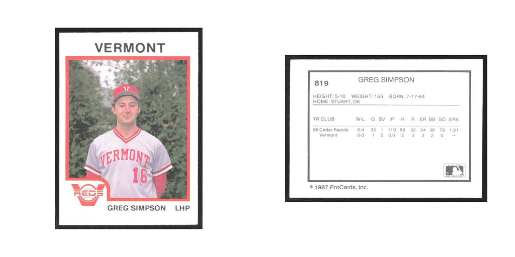 1987 ProCards Minor League Greg Simpson Vermont Reds #819
