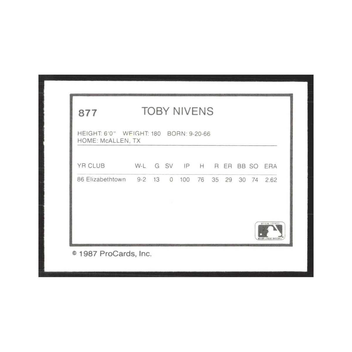 1987 ProCards Minor League Toby Nivens Orlando Twins #877
