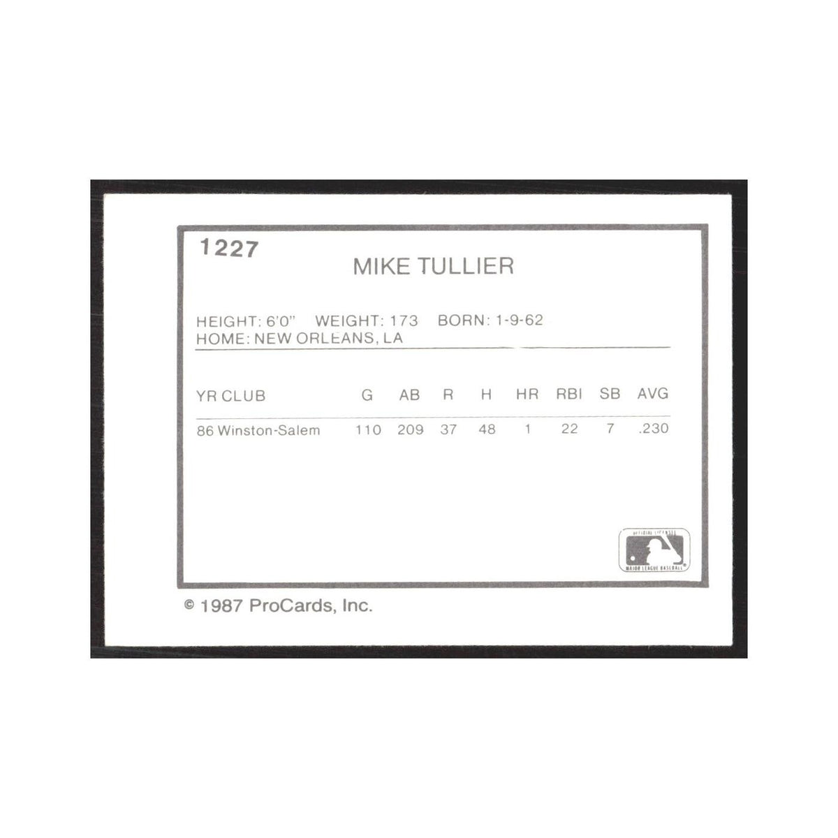 1987 ProCards Minor League Mike Tullier Winston-Salem Spirits #1227