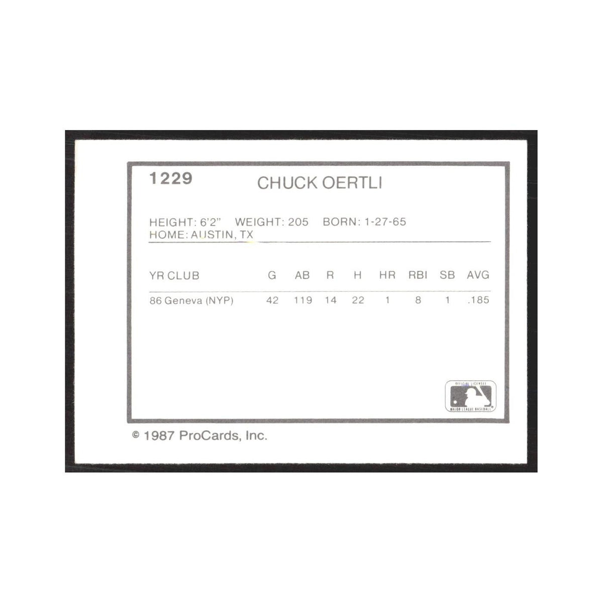 1987 ProCards Minor League Chuck Oertli Winston-Salem Spirits #1229