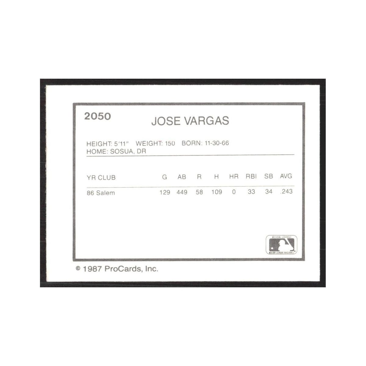 1987 ProCards Minor League Jose Vargas Port Charlotte Rangers #2050