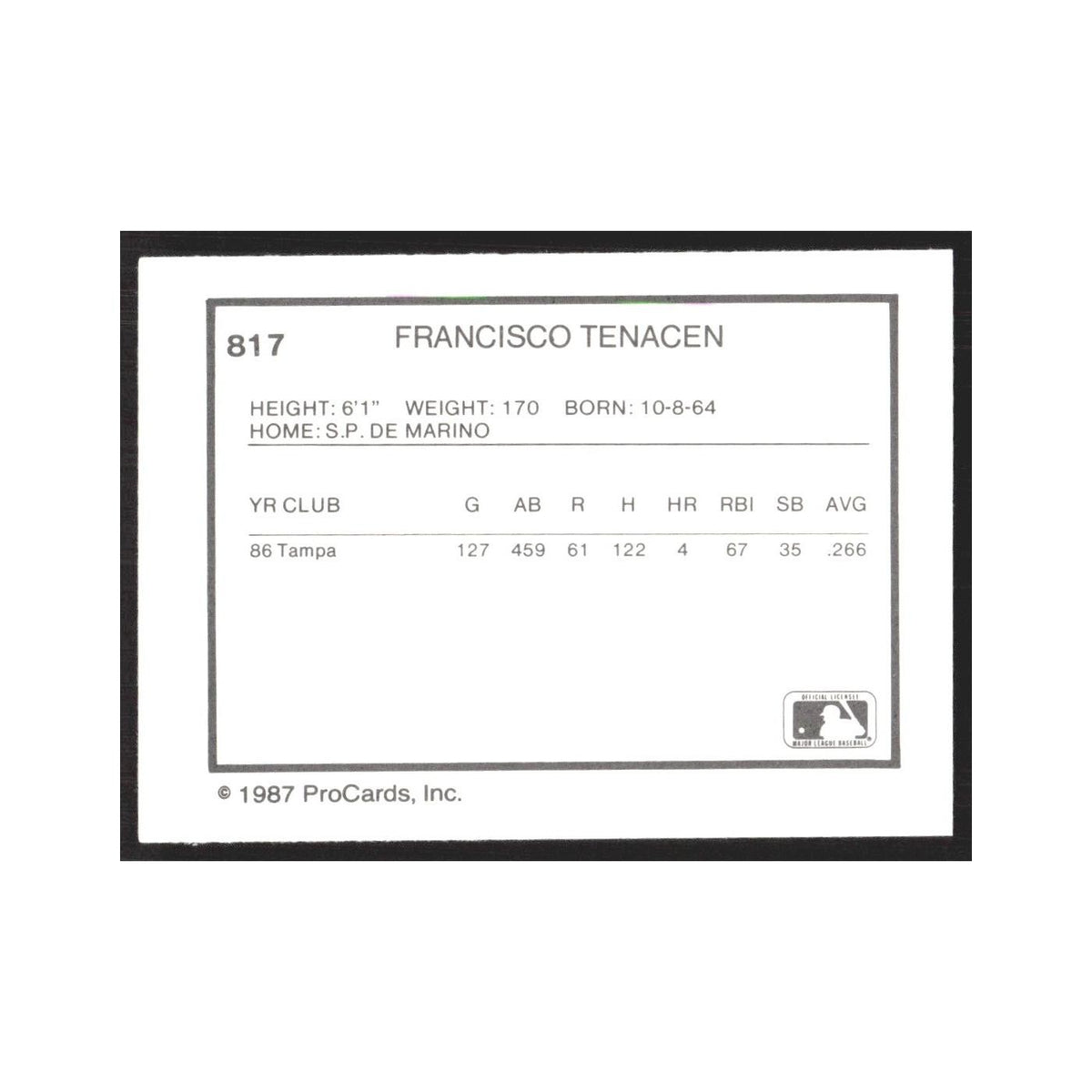1987 ProCards Minor League Francisco Tenacen Vermont Reds #817