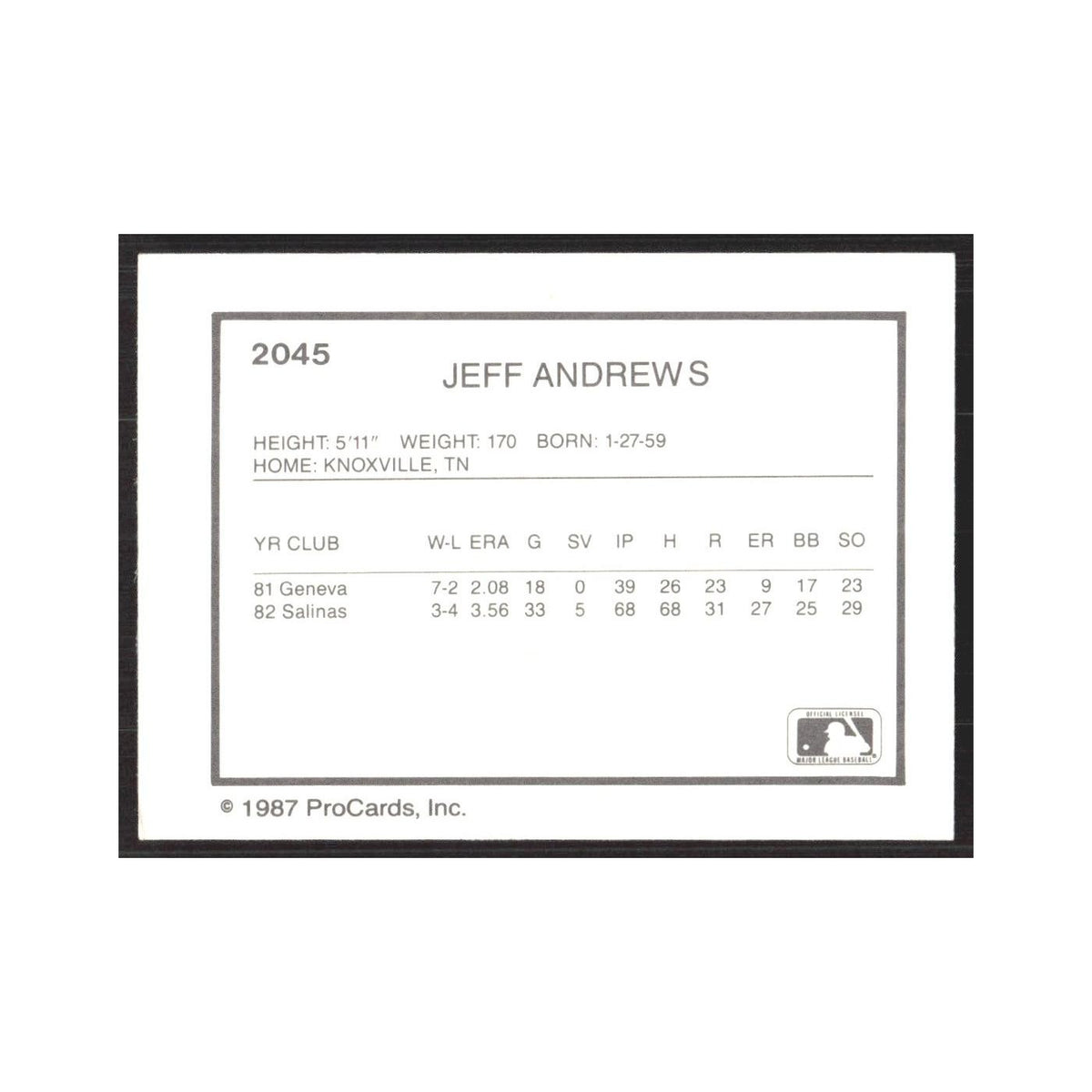 1987 ProCards Minor League Jeff Andrews Port Charlotte Rangers #2045
