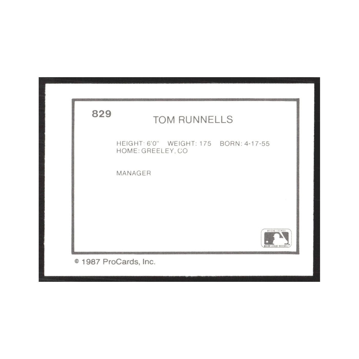 1987 ProCards Minor League Tom Runnells Vermont Reds #829