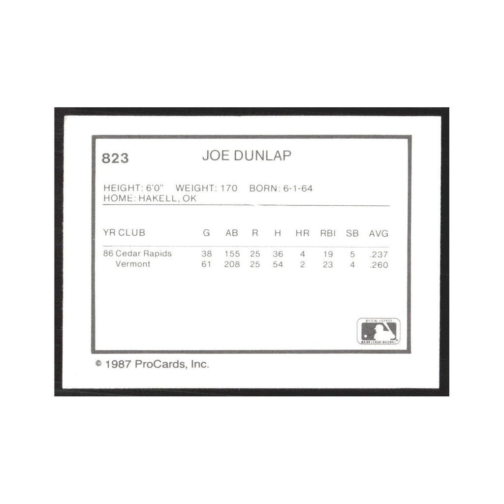 1987 ProCards Minor League Joe Dunlap Vermont Reds #823