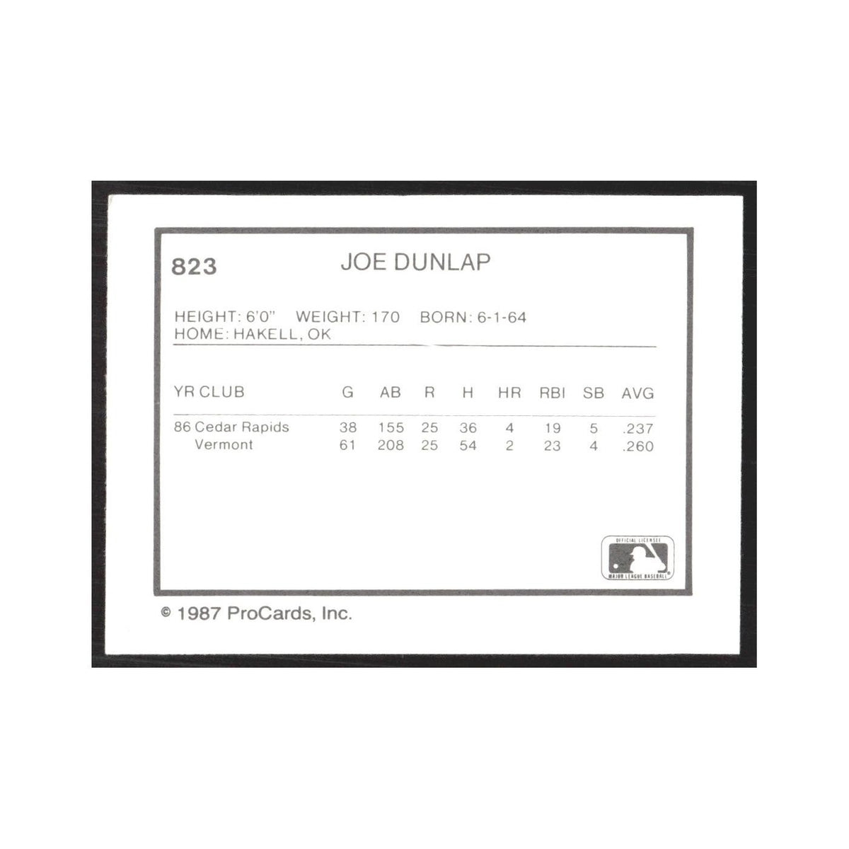 1987 ProCards Minor League Joe Dunlap Vermont Reds #823
