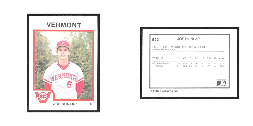1987 ProCards Minor League Joe Dunlap Vermont Reds #823