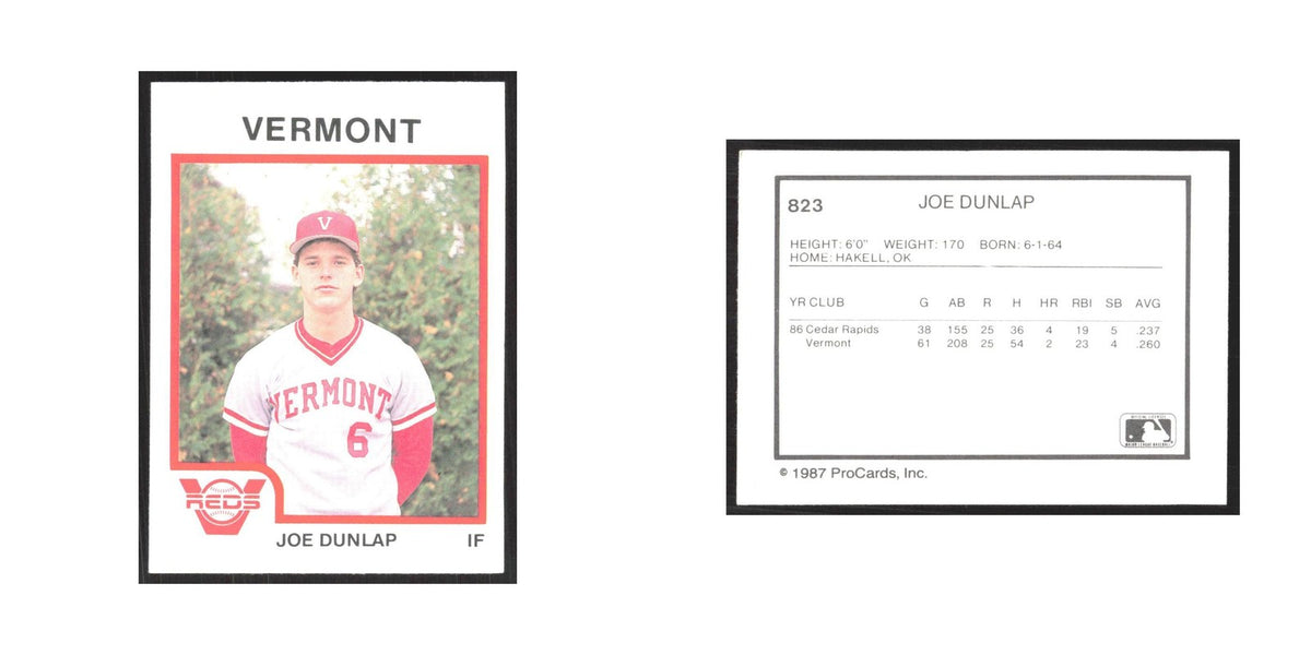 1987 ProCards Minor League Joe Dunlap Vermont Reds #823